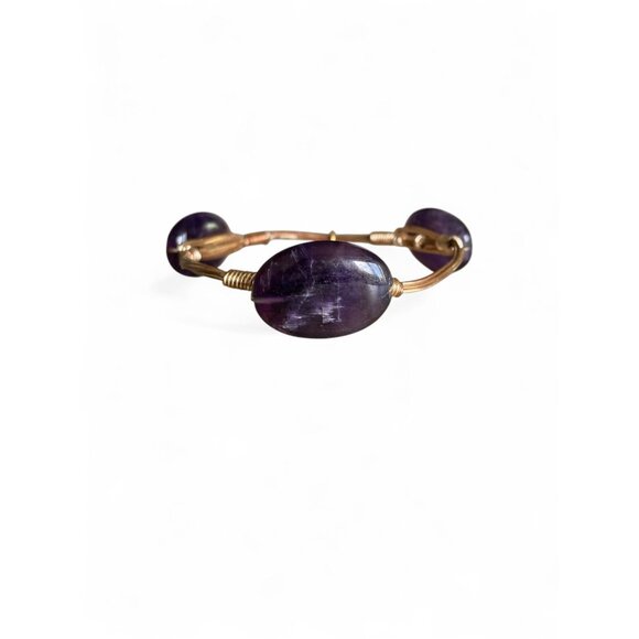 Purple Amethyst Stone & Gold Tone Wire Wrapped Bangle Bracelet For Women Gift - Picture 3 of 5